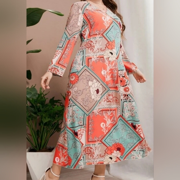 NEW LONG SLEEVE DRESS SIZE 4XL=20 US MULTICOLORED CORAL & TURQUOISE, ETC. - Picture 3 of 5